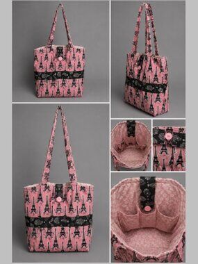 Pink Eiffel Tower Tote Bag Paris Print Fabric Shoulder Bag Handmade Style Tote